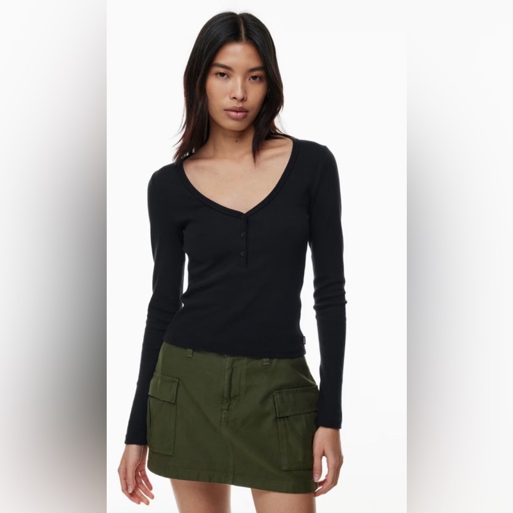TNA Aritzia PINK HomeStretch Henley Waffle Knit Long Sleeve Crop Thermal Top Lrg